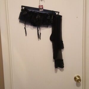 NIP - Fashion Boutique Black Lacy Ruffle Thong With Stockings - Size OS